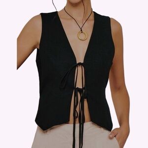 Commense Black Cotton Blend  Tie-Front Crop Top Small